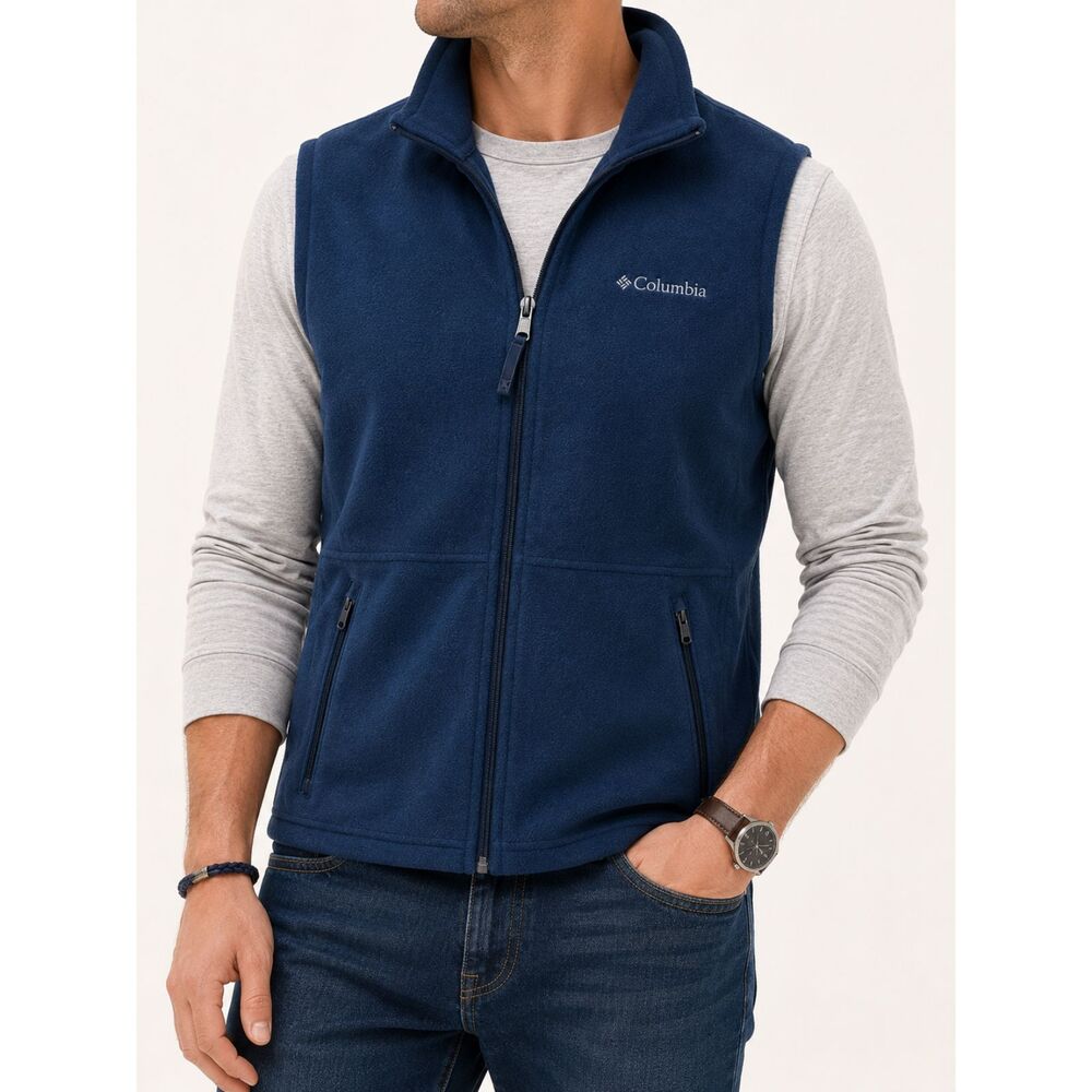 Columbia Fleece Vest Men's Medium Navy Full Zip Zip Pockets Outdoor Hiking